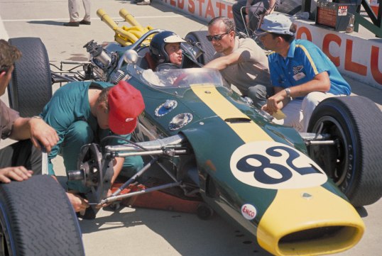 Indianapolis 500, Indianapolis, IN, 1965. Jim Clark prepares for practice in his Lotus-Ford 38. CD#0777-3292-0895-29.